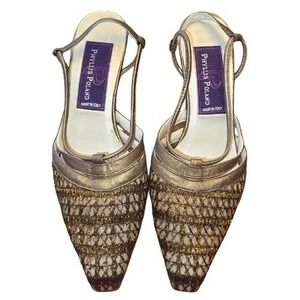 Phyllis Poland 5 Bronze Metallic Mesh Slingback Kitten 1.75" Heels Leather